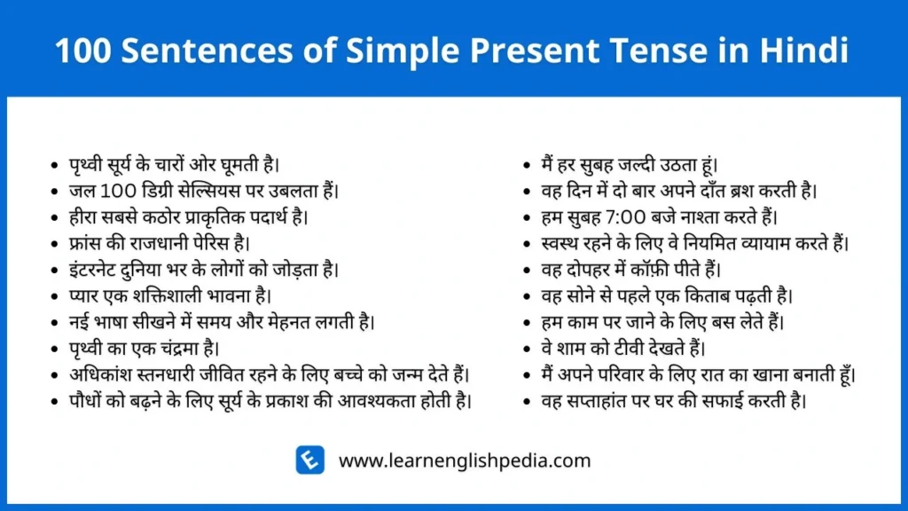 100 sentences of simple present tense in hindi