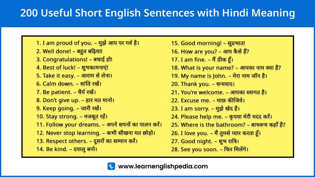 short english sentences with hindi meaning